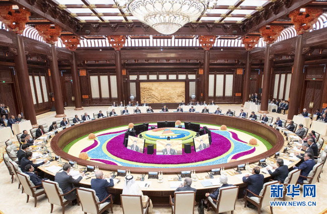 Tryeza e rrumbullakët në samitin e dytë të kornizës "Një brez, një rrugë",prill 2019, Pekin(Xinhua)