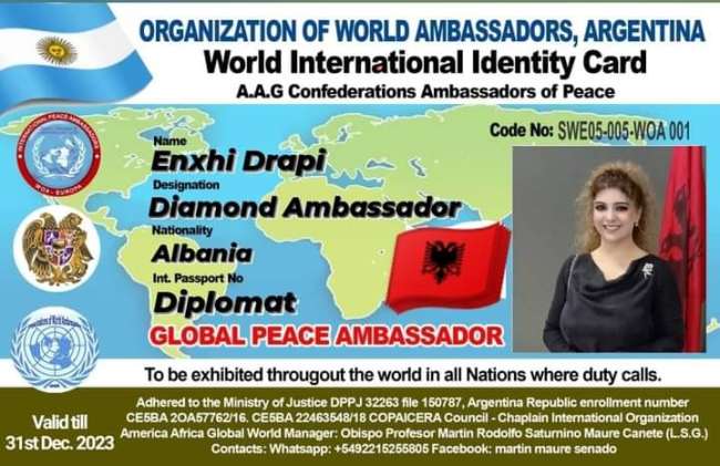 Titulli si Ambasadore e Paqes Enxhi Drapi (Foto personale)