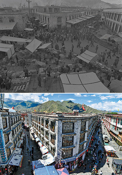 Minulost a přítomnost: Trh Tromzikkhang ve Lhase v 80. letech minulého století a nový vzhled trhu v současné době dne 9. srpna 2021. [Fotografie: Tisková agentura Nová Čína / Xinhua]
