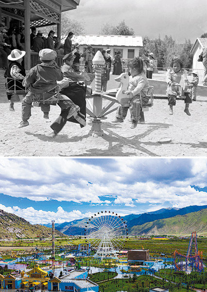 Minulost a přítomnost: V 80. letech minulého století si děti hrály v mateřské škole ve městě Žikace azábavní park Shangshung Metok ve Lhase dne 9. srpna, 2021. [Fotografie: Tisková agentura Nová Čína / Xinhua]