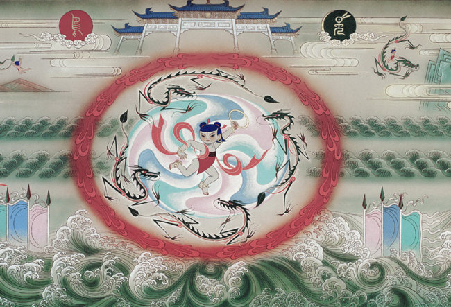 Μια λεπτομέρεια από την τοιχογραφία "Ο Νετζά ανακατεύει την θάλασσα" του Τζανγκ Ντινγκ. [Φωτογραφία αρχείου ευγενική προσφορά του AADTHU]