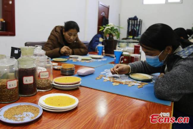 Θιβετιανές γυναίκες φτιάχνουν έργα τέχνης με δημητριακά όπως κριθάρι, σιτάρι και ελαιοκράμβη στην κομητεία Τζιαντζά, στην αυτόνομη θιβετιανή νομαρχία Χουανγκνάν, στην επαρχία Τσινγκχάι της βορειοδυτικής Κίνας, 8 Δεκεμβρίου 2021. (Φωτογραφία: China News Service)