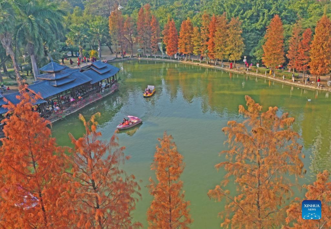 Αεροφωτογραφία που τραβήχτηκε στις 3 Ιανουαρίου 2022 δείχνει τουρίστες στο πάρκο Τζινχουατσά στο Νανίνγκ, πρωτεύουσα της αυτόνομης περιοχής Γκουανσί Τζουάνγκ της νότιας Κίνας. (Xinhua/Zhou Hua)