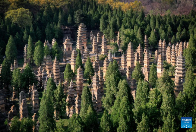 Αεροφωτογραφία που τραβήχτηκε στις 7 Απριλίου 2022 δείχνει το δάσος της παγόδας στο ναό Σαολίν (少林寺: Shàolínsì) στην Ντενγκφένγκ (登封: Dēng fēng) της επαρχίας Χενάν (河南: Hénán) στην κεντρική Κίνα.