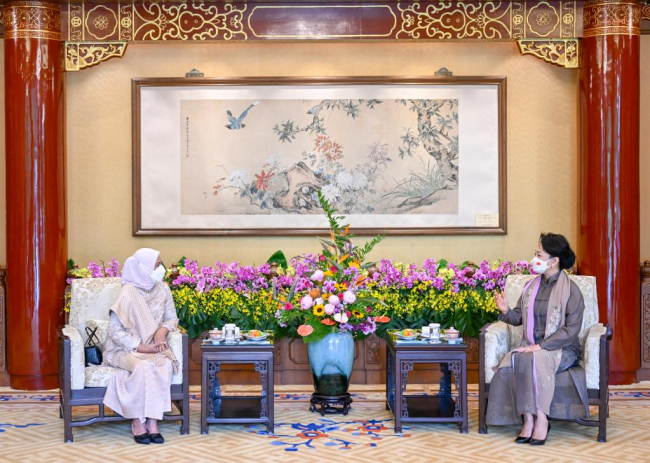 Η Πενγκ Λιγιουάν, σύζυγος του Κινέζου Προέδρου Σι Τζινπίνγκ συναντά την πρώτη κυρία της Ινδονησίας Ιριάνα Τζόκο Ουιντόντο στο Πεκίνο, πρωτεύουσα της Κίνας, 26 Ιουλίου 2022. (φωτογραφία/Xinhua)